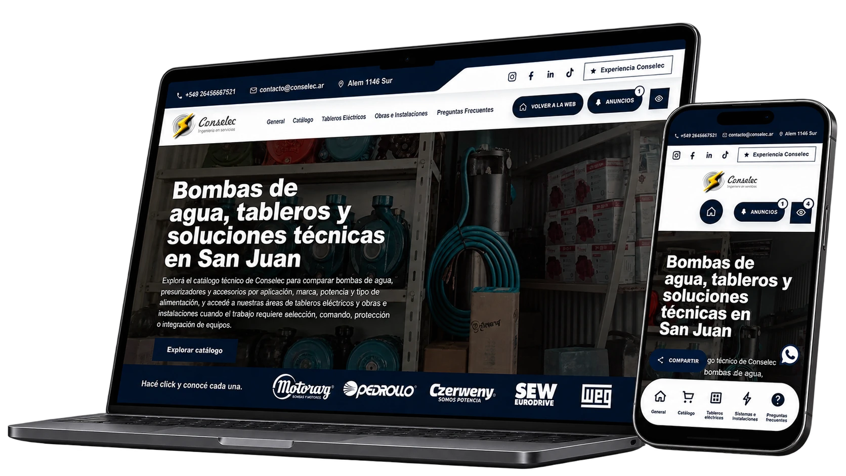 Catálogo web CONSELEC presentado en notebook y teléfono móvil
