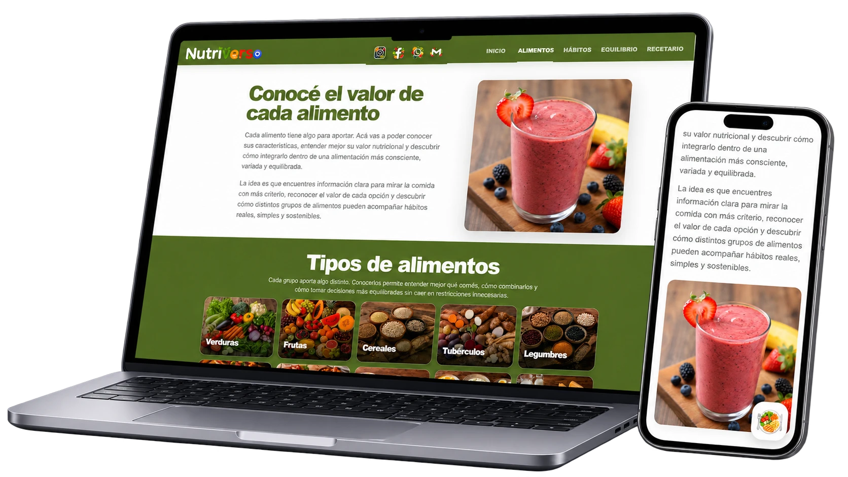 NUTRIVERSO presentado en notebook y teléfono móvil