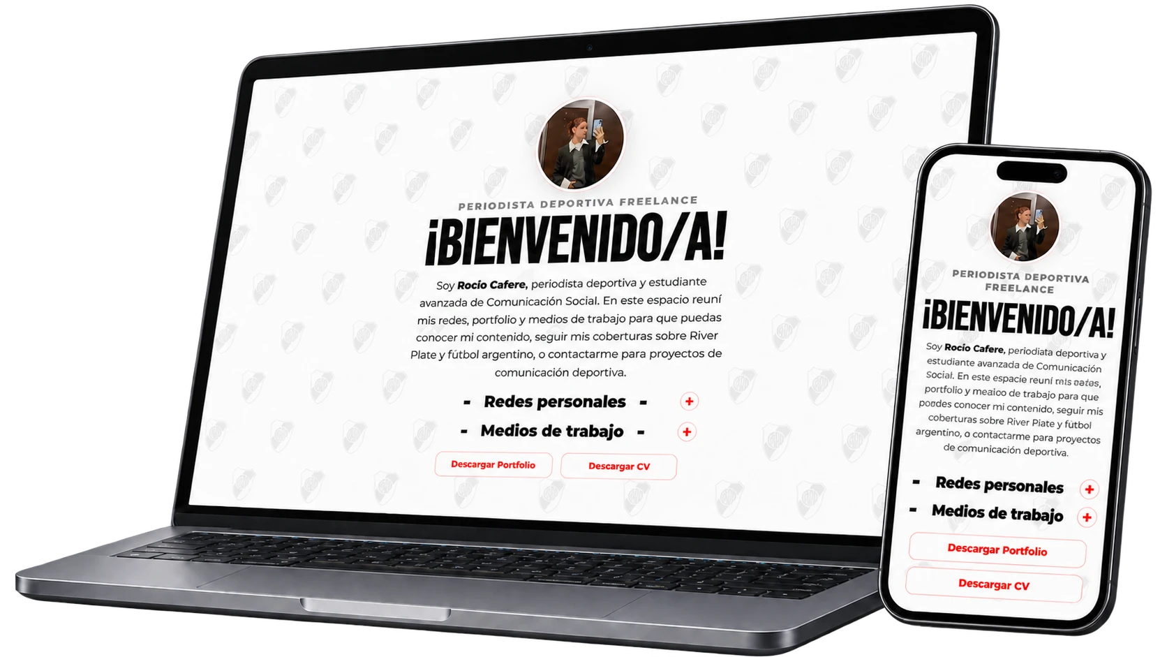 Portfolio periodístico de Ro Cafere presentado en notebook y teléfono móvil